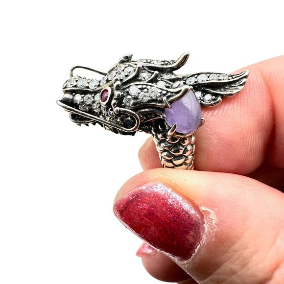 Jade of Yesteryear Womens Ring Sterling Silver Purple Jade Ruby Eyes Size 6 - Picture 2 of 8